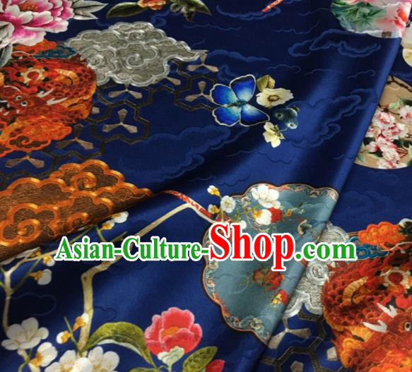 Asian Chinese Classical Dragon Peony Pattern Royalblue Brocade Satin Drapery Traditional Cheongsam Brocade Silk Fabric