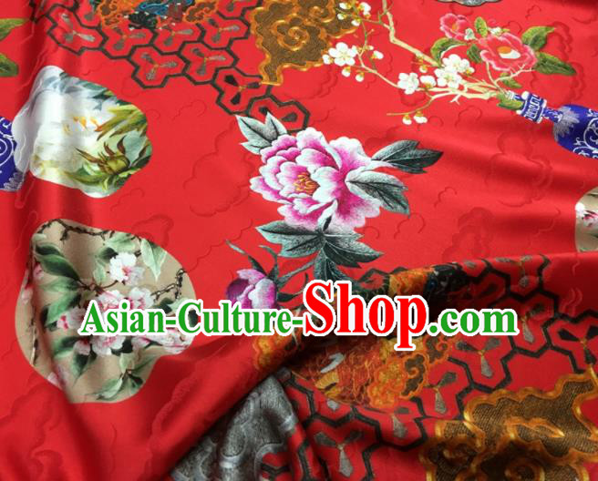 Asian Chinese Classical Dragon Peony Pattern Red Brocade Satin Drapery Traditional Cheongsam Brocade Silk Fabric