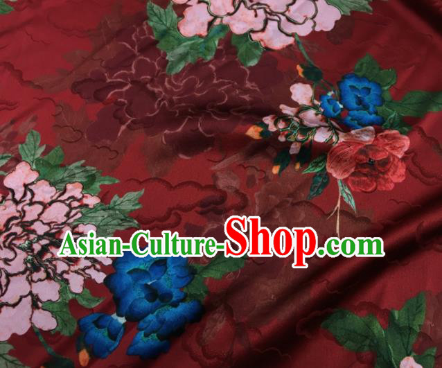 Asian Chinese Classical Peony Pattern Wine Red Brocade Satin Drapery Traditional Cheongsam Brocade Silk Fabric