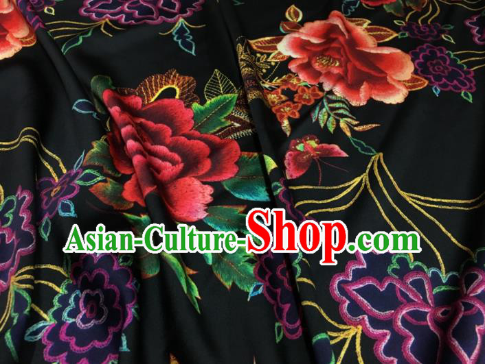 Asian Chinese Classical Peony Pattern Black Brocade Satin Drapery Traditional Cheongsam Brocade Silk Fabric