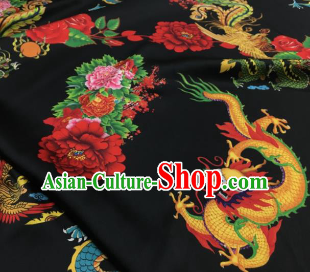 Asian Chinese Classical Dragon Peony Pattern Black Brocade Satin Drapery Traditional Cheongsam Brocade Silk Fabric