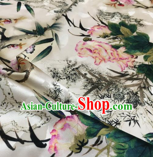Asian Chinese Classical Peony Bamboo Pattern White Brocade Satin Drapery Traditional Cheongsam Brocade Silk Fabric