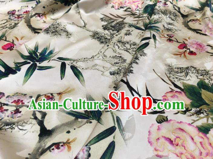 Asian Chinese Classical Peony Bamboo Pattern White Brocade Satin Drapery Traditional Cheongsam Brocade Silk Fabric
