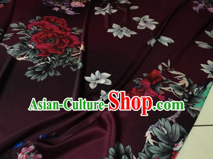 Asian Chinese Classical Peony Pattern Deep Purple Brocade Satin Drapery Traditional Cheongsam Brocade Silk Fabric