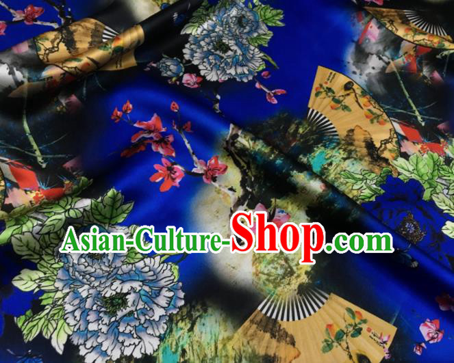 Asian Chinese Classical Peony Fan Pattern Royalblue Brocade Satin Drapery Traditional Cheongsam Brocade Silk Fabric