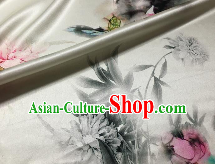 Asian Chinese Classical Ink Painting Peony Pattern White Brocade Satin Drapery Traditional Cheongsam Brocade Silk Fabric