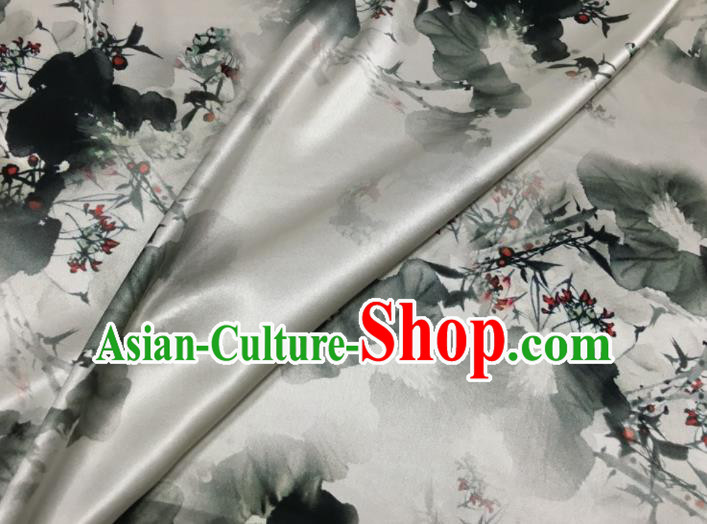 Asian Chinese Classical Ink Painting Lotus Pattern White Brocade Satin Drapery Traditional Cheongsam Brocade Silk Fabric