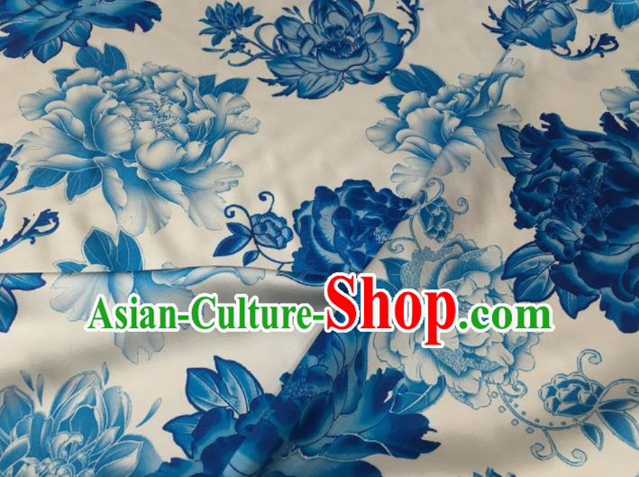 Asian Chinese Classical Blue Peony Pattern White Brocade Satin Drapery Traditional Cheongsam Brocade Silk Fabric
