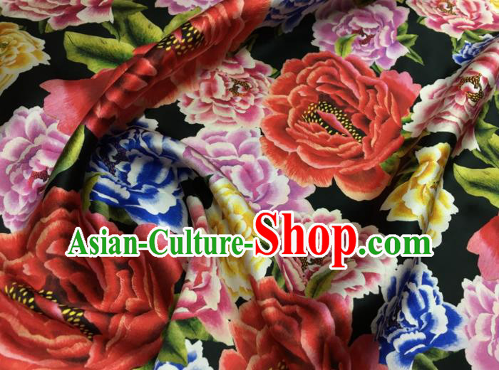 Asian Chinese Classical Peony Pattern Black Brocade Satin Drapery Traditional Cheongsam Brocade Silk Fabric