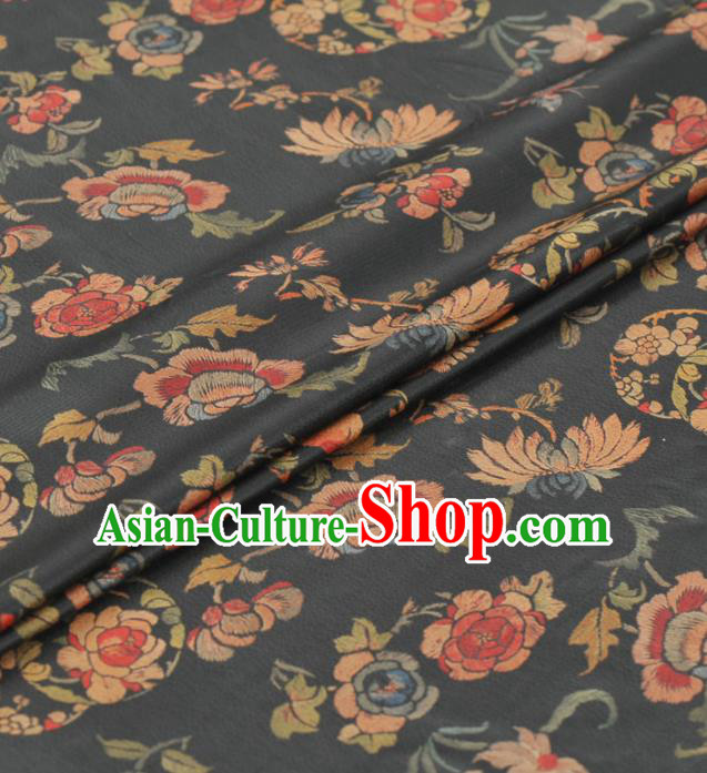 Asian Chinese Classical Chrysanthemum Peony Pattern Navy Gambiered Guangdong Gauze Traditional Cheongsam Brocade Silk Fabric