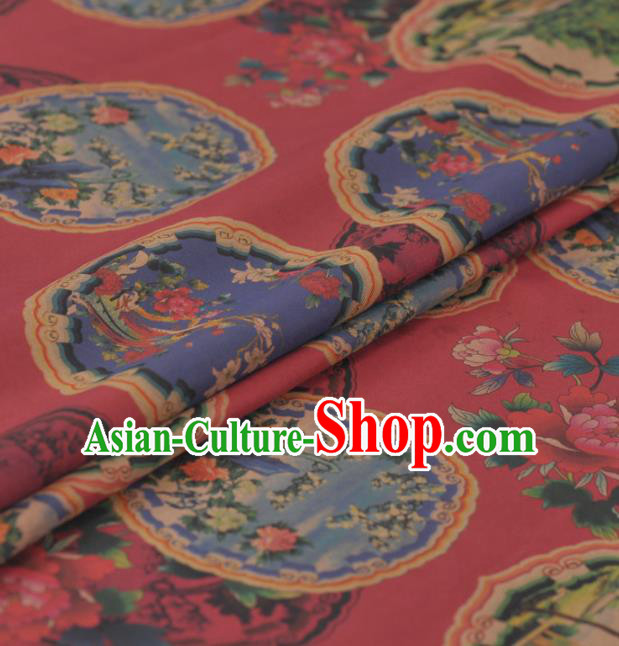 Asian Chinese Classical Peony Pavilion Pattern Red Gambiered Guangdong Gauze Traditional Cheongsam Brocade Silk Fabric