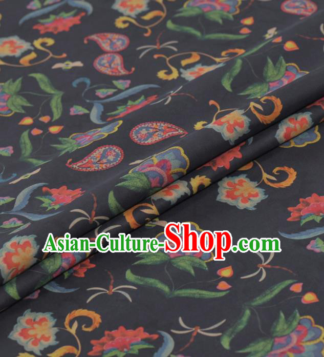 Asian Chinese Classical Flowers Pattern Black Gambiered Guangdong Gauze Traditional Cheongsam Brocade Silk Fabric