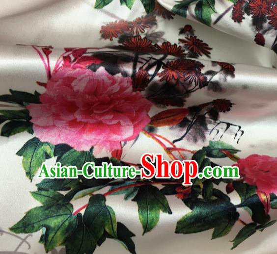 Asian Chinese Classical Chrysanthemum Peony Pattern White Brocade Satin Drapery Traditional Cheongsam Brocade Silk Fabric