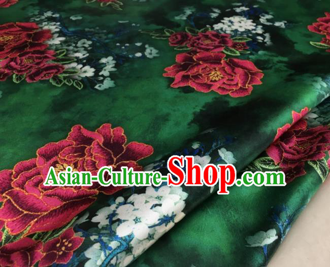 Asian Chinese Classical Peony Pattern Deep Green Brocade Satin Drapery Traditional Cheongsam Brocade Silk Fabric
