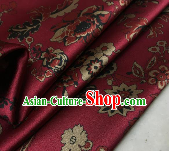 Asian Chinese Classical Flowers Pattern Wine Red Brocade Satin Drapery Traditional Cheongsam Brocade Silk Fabric