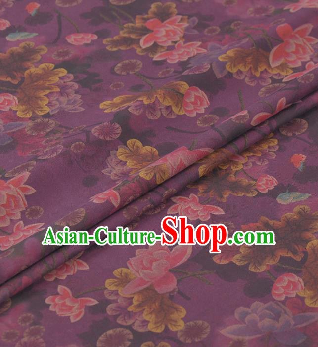 Asian Chinese Classical Lotus Pattern Purple Gambiered Guangdong Gauze Traditional Cheongsam Brocade Silk Fabric