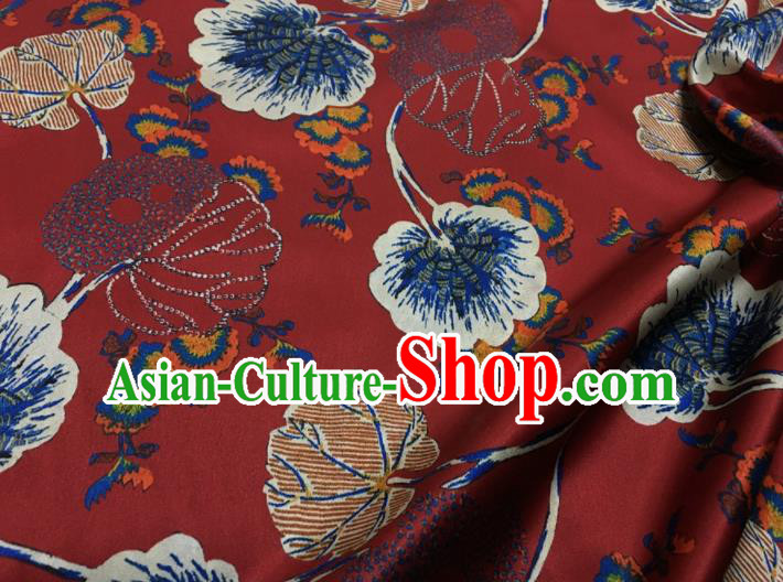 Asian Chinese Classical Lotus Leaf Pattern Red Brocade Satin Drapery Traditional Cheongsam Brocade Silk Fabric