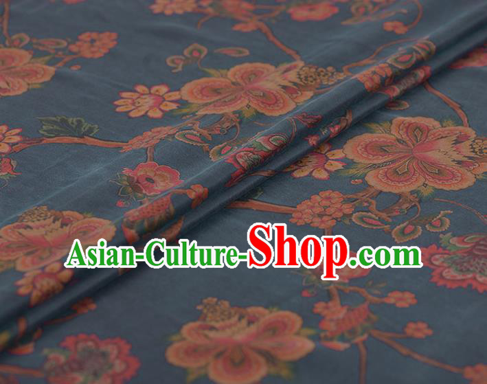 Asian Chinese Classical Peach Blossom Pattern Blue Gambiered Guangdong Gauze Traditional Cheongsam Brocade Silk Fabric