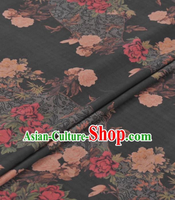 Asian Chinese Classical Peony Magnolia Pattern Black Gambiered Guangdong Gauze Traditional Cheongsam Brocade Silk Fabric