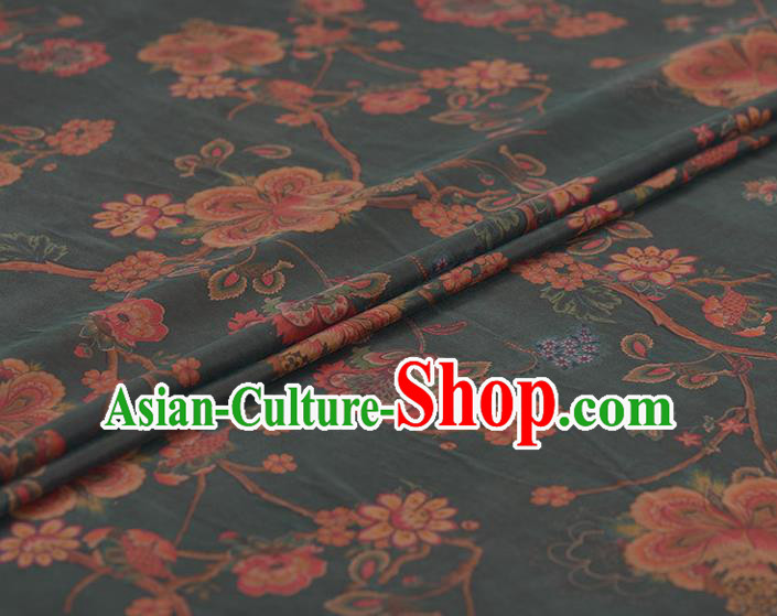 Asian Chinese Classical Peach Blossom Pattern Olive Green Gambiered Guangdong Gauze Traditional Cheongsam Brocade Silk Fabric