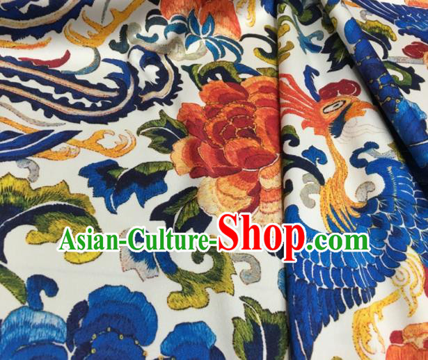 Asian Chinese Classical Phoenix Peony Pattern White Brocade Satin Drapery Traditional Cheongsam Brocade Silk Fabric