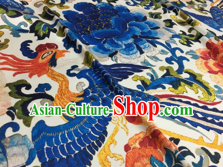 Asian Chinese Classical Phoenix Peony Pattern White Brocade Satin Drapery Traditional Cheongsam Brocade Silk Fabric