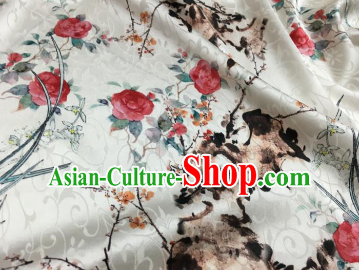 Asian Chinese Classical Roses Orchid Pattern White Brocade Satin Drapery Traditional Cheongsam Brocade Silk Fabric