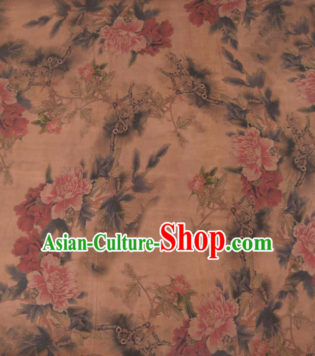 Asian Chinese Classical Peony Flowers Pattern Khaki Gambiered Guangdong Gauze Traditional Cheongsam Brocade Silk Fabric