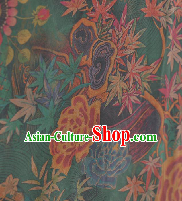 Asian Chinese Classical Maple Leaf Peony Pattern Green Gambiered Guangdong Gauze Traditional Cheongsam Brocade Silk Fabric