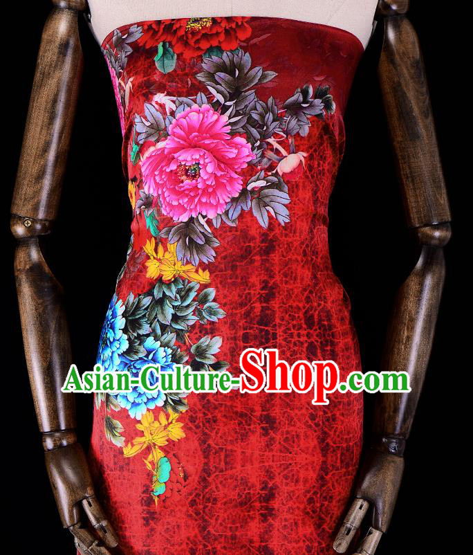 Asian Chinese Classical Peony Pattern Red Gambiered Guangdong Gauze Traditional Cheongsam Brocade Silk Fabric