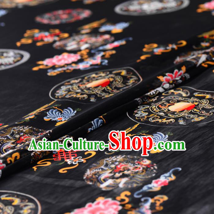 Asian Chinese Classical Dragon Phoenix Peony Pattern Black Gambiered Guangdong Gauze Traditional Cheongsam Brocade Silk Fabric