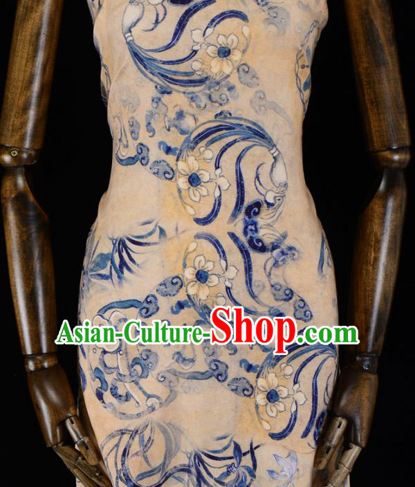 Asian Chinese Classical Orchid Pattern Yellow Gambiered Guangdong Gauze Traditional Cheongsam Brocade Silk Fabric