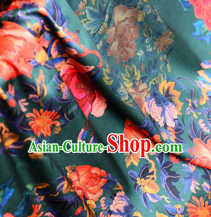 Asian Chinese Classical Peony Chrysanthemum Pattern Green Gambiered Guangdong Gauze Traditional Cheongsam Brocade Silk Fabric
