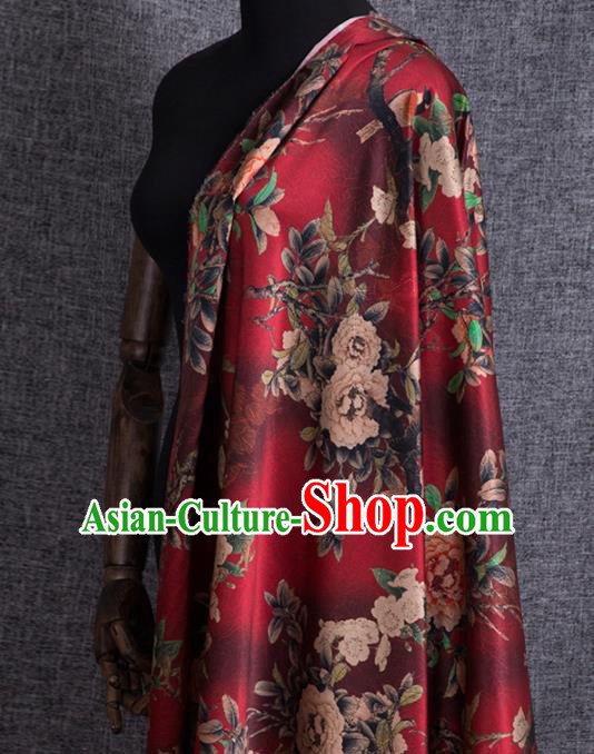 Asian Chinese Classical Plum Peony Pattern Wine Red Brocade Satin Drapery Traditional Cheongsam Brocade Silk Fabric