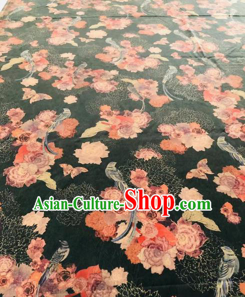 Asian Chinese Classical Peony Pattern Black Satin Drapery Gambiered Guangdong Gauze Brocade Traditional Cheongsam Brocade Silk Fabric