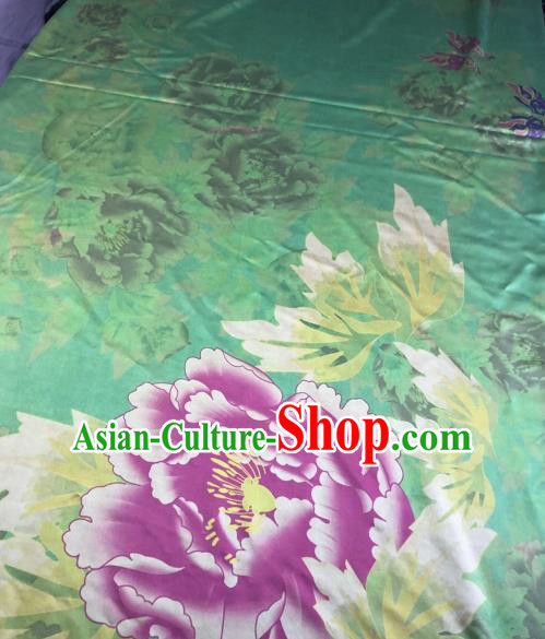 Asian Chinese Classical Peony Pattern Green Satin Drapery Gambiered Guangdong Gauze Brocade Traditional Cheongsam Brocade Silk Fabric