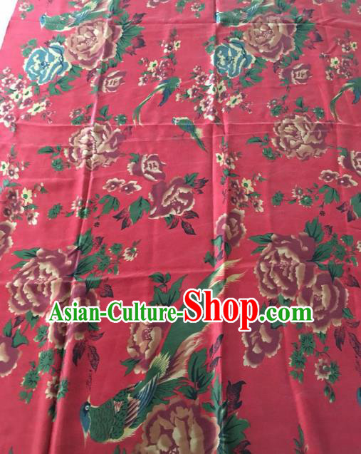 Asian Chinese Classical Peony Pattern Red Satin Drapery Gambiered Guangdong Gauze Brocade Traditional Cheongsam Brocade Silk Fabric