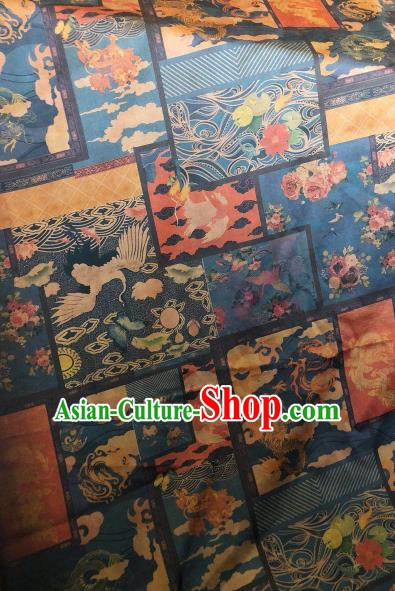 Asian Chinese Classical Dragon Crane Pattern Blue Satin Drapery Gambiered Guangdong Gauze Brocade Traditional Cheongsam Brocade Silk Fabric