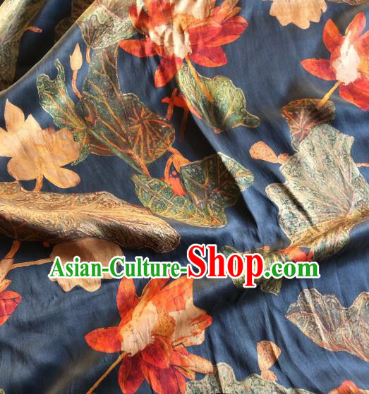 Asian Chinese Classical Lotus Pattern Navy Satin Drapery Gambiered Guangdong Gauze Brocade Traditional Cheongsam Brocade Silk Fabric