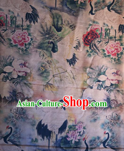 Asian Chinese Classical Cranes Peony Pattern White Satin Drapery Gambiered Guangdong Gauze Brocade Traditional Cheongsam Brocade Silk Fabric