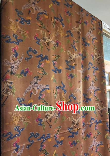 Asian Chinese Classical Cloud Cranes Pattern Brown Satin Drapery Gambiered Guangdong Gauze Brocade Traditional Cheongsam Brocade Silk Fabric