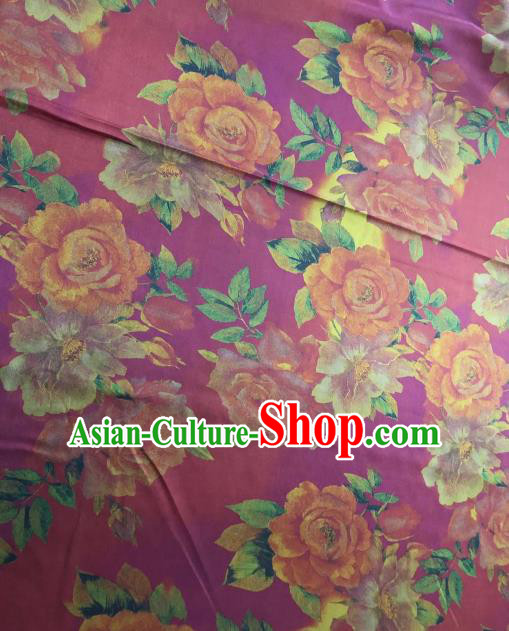 Asian Chinese Classical Roses Pattern Purple Satin Drapery Gambiered Guangdong Gauze Brocade Traditional Cheongsam Brocade Silk Fabric