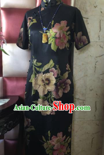 Asian Chinese Classical Flowers Pattern Black Satin Drapery Gambiered Guangdong Gauze Brocade Traditional Cheongsam Brocade Silk Fabric