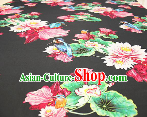 Asian Chinese Classical Lotus Birds Pattern Black Satin Drapery Gambiered Guangdong Gauze Brocade Traditional Cheongsam Brocade Silk Fabric