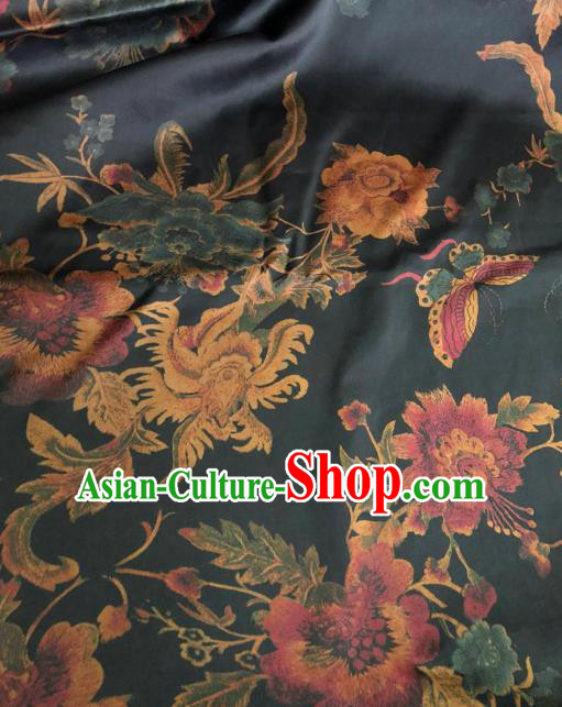 Asian Chinese Classical Butterfly Peony Pattern Navy Satin Drapery Gambiered Guangdong Gauze Brocade Traditional Cheongsam Brocade Silk Fabric