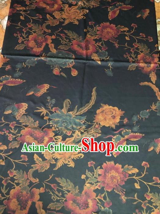 Asian Chinese Classical Butterfly Peony Pattern Navy Satin Drapery Gambiered Guangdong Gauze Brocade Traditional Cheongsam Brocade Silk Fabric
