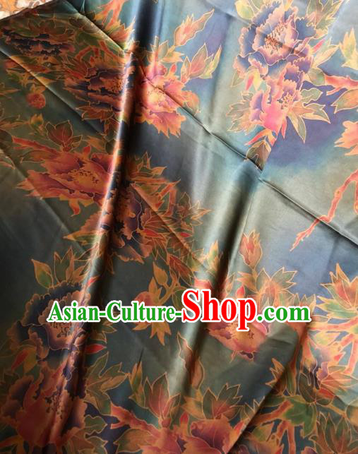Asian Chinese Classical Peony Pattern Blue Satin Drapery Gambiered Guangdong Gauze Brocade Traditional Cheongsam Brocade Silk Fabric