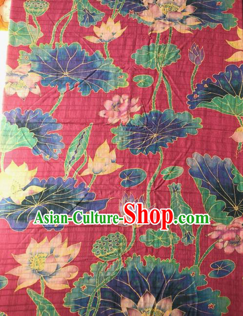 Asian Chinese Classical Lotus Pattern Red Satin Drapery Gambiered Guangdong Gauze Brocade Traditional Cheongsam Brocade Silk Fabric