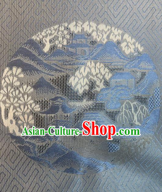 Asian Chinese Classical Pattern Blue Satin Drapery Gambiered Guangdong Gauze Brocade Traditional Cheongsam Brocade Silk Fabric