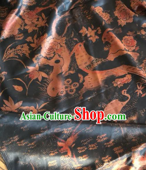 Asian Chinese Classical Birds Pattern Black Satin Drapery Gambiered Guangdong Gauze Brocade Traditional Cheongsam Brocade Silk Fabric